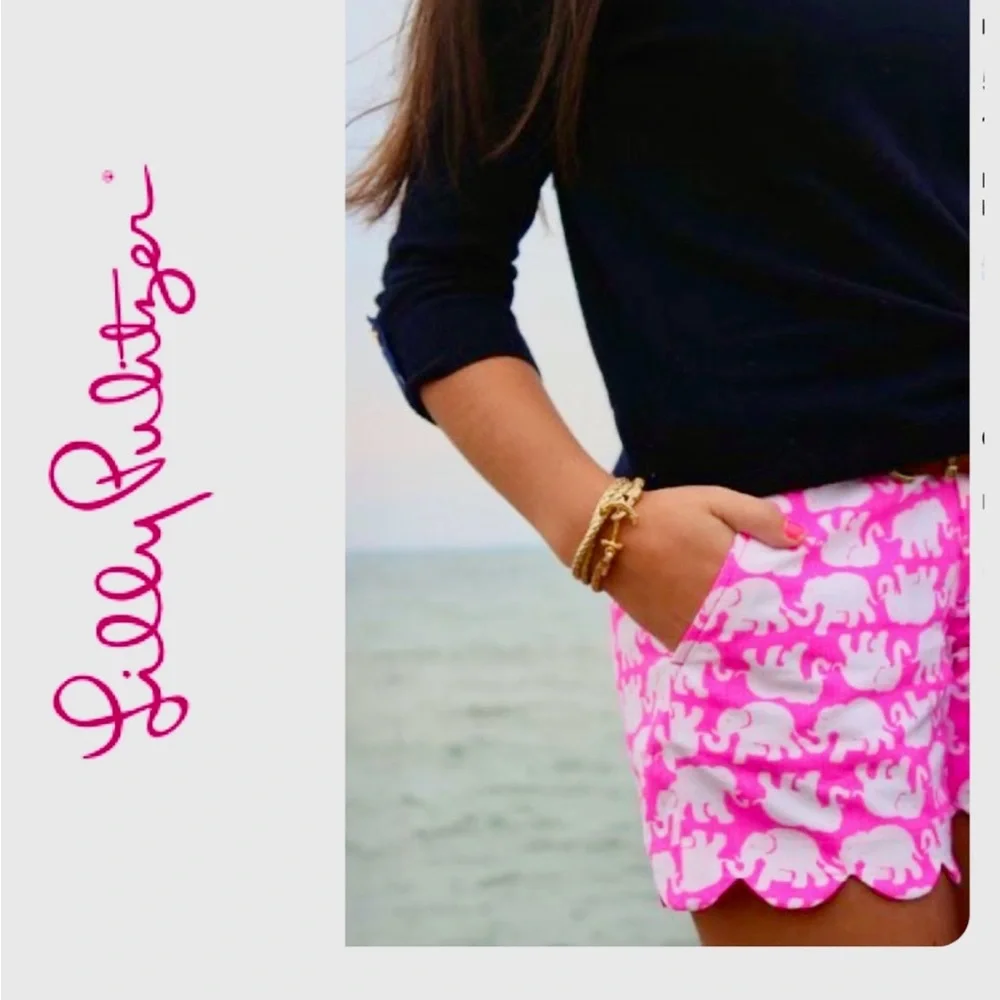 Lilly Pulitzer Pink and White Elephant Scallop Hem Shorts